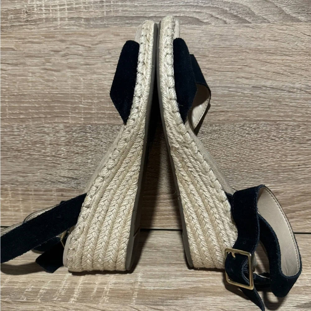Lands End Womens Black Espadrilles Wedge Heels Sandals Size 6.5 Ankle Strap